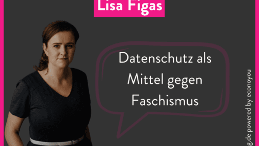 Titelbild der Podcastfolge Mutig und Klug fragt, Frau mit Schwarzem Kleid neben einer Sprechblase
