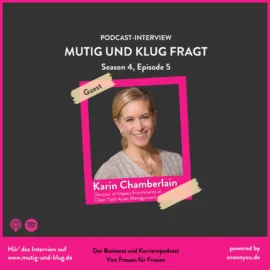 Titelbild des Podcasts zeigt eine blonde Frau - Karin Chamberlain - die durch einen pinken BIlderrahmen in die Kamera lächelt