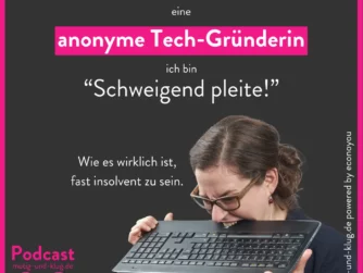 Eine brünette Frau beißt in eine Tastatur - Titelbild der Podcastfolge "Mutig und Klug fragt" eine anonyme Gründerin